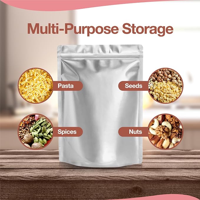 BELLE KR® 100pcs 1 Quart Mylar Bags with Gusseted Bottom - Extra Thick 10 Mil - 7"x10" Resealable Stand Up Mylar Ziplock Bags with Label Stickers