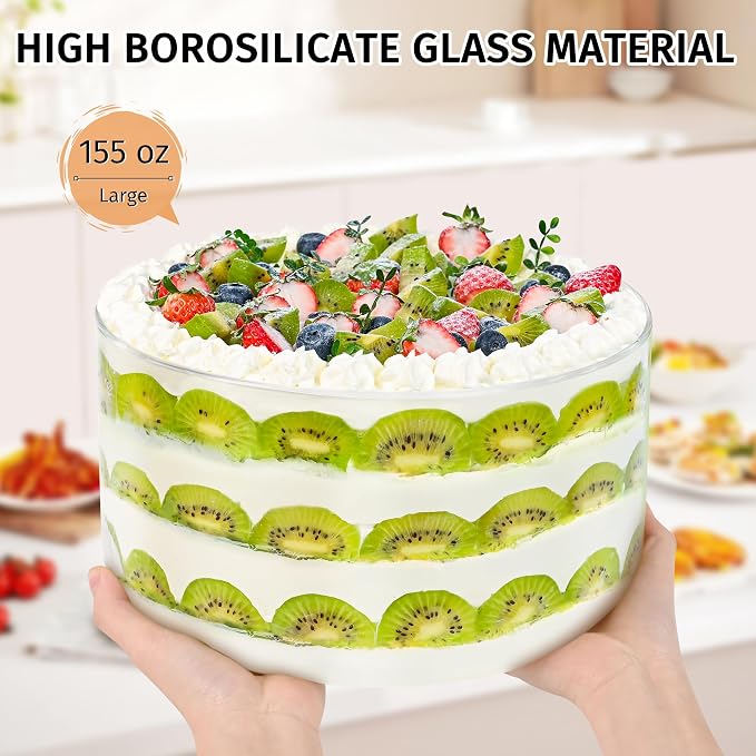 155 Oz Large Glass Trifle Bowl, Glass Salad Bowl with Acacia Wood Lid, Premium Serving Bowls for Cake, Salad, Fruit, Baking, Dessert, Meal Prep, Storing, Microwave & Oven Safe, BPA Free