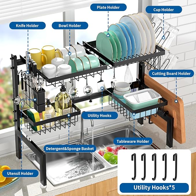 Over The Sink Dish Drying Rack,Expandable 2-Tier Stainless Steel Over The Sink Dish Rack with Utensil Holder Dish Drainers for Kitchen Counter | Stainless Steel, Cutlery Holder & Chopping Board Rack, for Kitchen Counter, Black