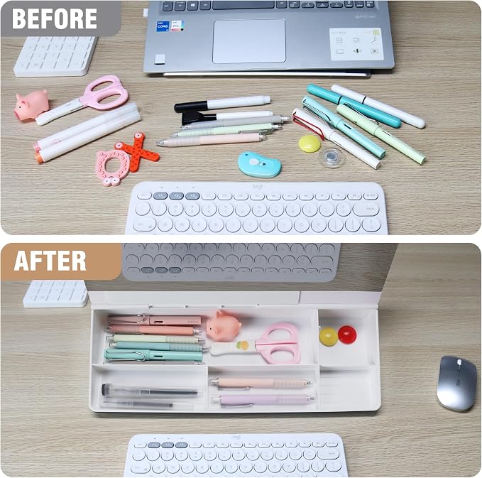 SELEAD Desktop Glass Whiteboard with Organizer & Built-in Mirror, Small Dry Erase White Board Computer Pad Keyboard Stand for Home, School, Office Desk Accessories - White