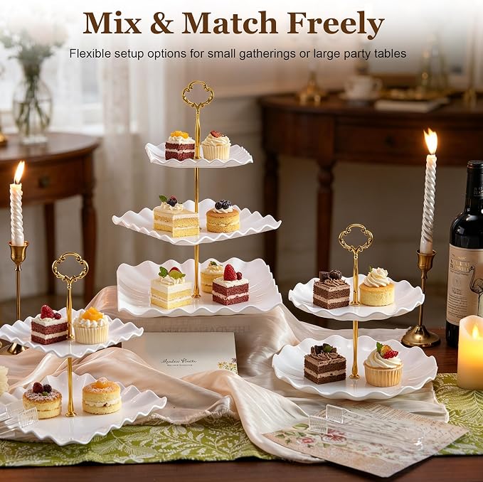 Dessert Table Display Set 13PCS, 3-Tier Cupcake Stand Set with Metal Gold Rods, 3 Round & 3 Square Dessert Stands, 4 Serving Trays & 3 Tongs for Wedding Birthday Baby Shower Party Decor