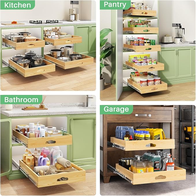 2Pack Pull Out Cabinet Organizer, Soft Close Wooden Slide Out Drawers for Pots, Full-extension Roll Out Shelves for Kitchen Cabinets, Pantry Organization, Bottom and Side Mount(15"W X 21"D x 3.4''H)