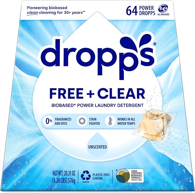 Dropps Free & Clear Laundry Detergent Pods (64 Count) - Unscented liquid Pods | Fights Odors & Stains | Free of Dyes Parabens & Perfumes | Hypoallergenic | Clean Ingredients | Plastic Free Packaging