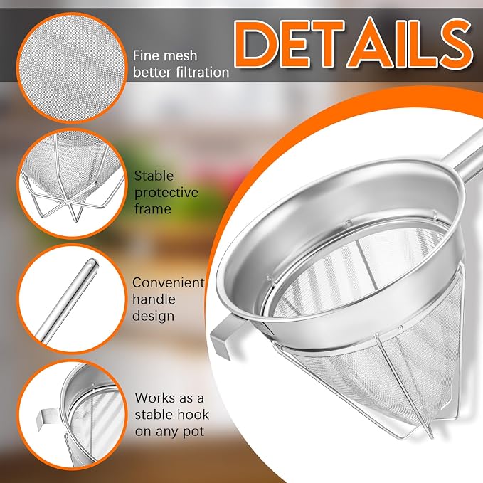 SiliFine Stainless Steel Reinforced Bouillon Sieve Strainer Cone Fine Mesh Strainer with Handle and Rubber Pestle for Kitchen Food Cooking(8 Inch)