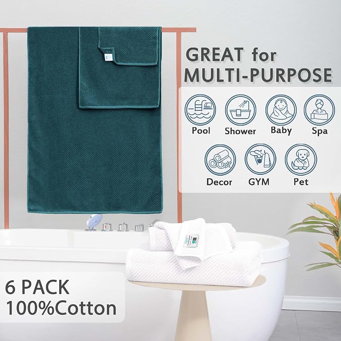 VOOVA & MOVAS 6PC Towel Set, 100% Cotton, Deep Turquoise White | 2 Large Bath 30x56 In, 2 Hand 18x28 In, 2 Wash Cloths 13x13 In, Quick Dry, Thick, Soft, Bathroom Decor Set