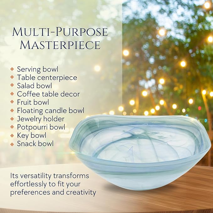 Badash Decorative Glass Serving Bowl, Alabaster Glass Centerpiece Fruit Bowl, Home Décor Table Accent Bowl, 10” Diameter, Aqua Blue