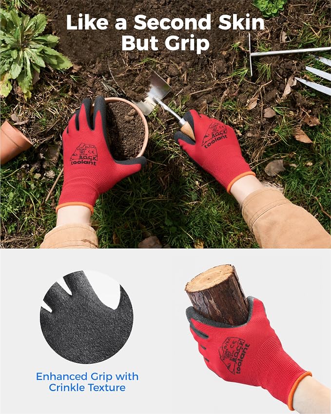 toolant Crinkle Latex Work Gloves Bulk, Rubber Coated Safety Work Gloves for Men and Women, 12 Pairs for Construction, Gardening, Warehouse (Black & Red, Small)