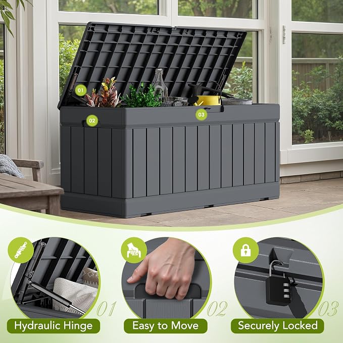 Devoko 78 Gallon Deck Box, Waterproof Resin Outdoor Storage Box | Outdoor Storage Bench Lockable for Outside and Patio Furniture, Garden Tools and Pool Supplies
