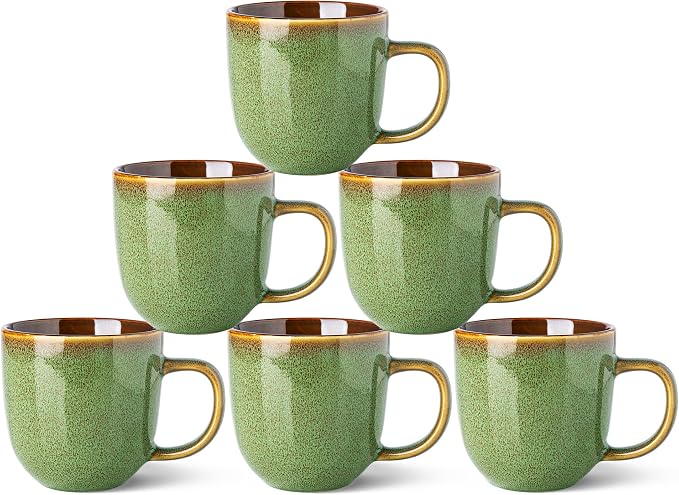 LERATIO Ceramic Coffee Mugs Set of 6,12oz Handmade Coffee Mugs Set | Large Handle for Cappuccino/Latte/Tea/Hot Cocoa,Oven &Dishwasher & Microwave Safe-Sage Meadow Green
