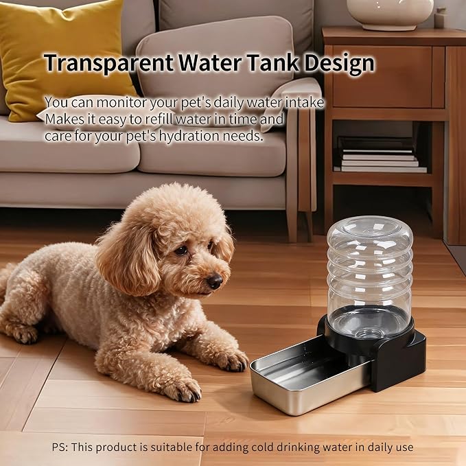 PAKEWAY 1.1 Gallon Gravity Water Dispenser for Cats and Small Dogs, Automatic Pet Waterer with Stainless Steel Bowl, Transparent Tank and 3 Filters, 4.1L