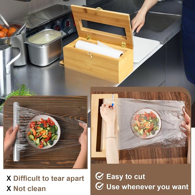 Colingmill 2 Pack 12" x 3000ft Large Plastic Wrap Dispenser with Cutter Roller Commercial Bamboo Holder for 3000ft Film 1000ft Aluminum Foil Non Slip Pad Fit Big Saran Wrap Restaurant Kitchen