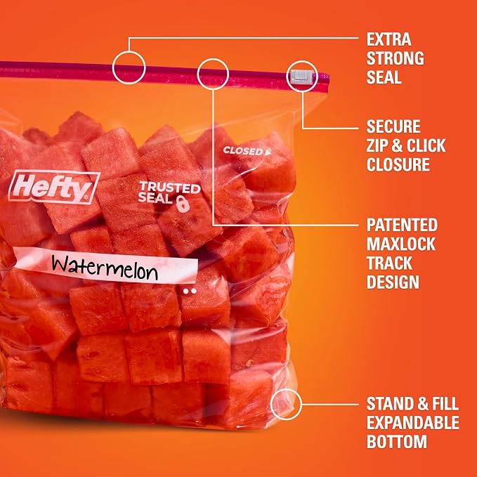 Hefty Slider Gallon Storage Bags, 66 Count, Gallon Size Slider Storage Bags for Storing Food, Bulk Snacks, Travel Toiletries, First Aid Kits, and More, Writable Label, Secure Zip and Click Closure