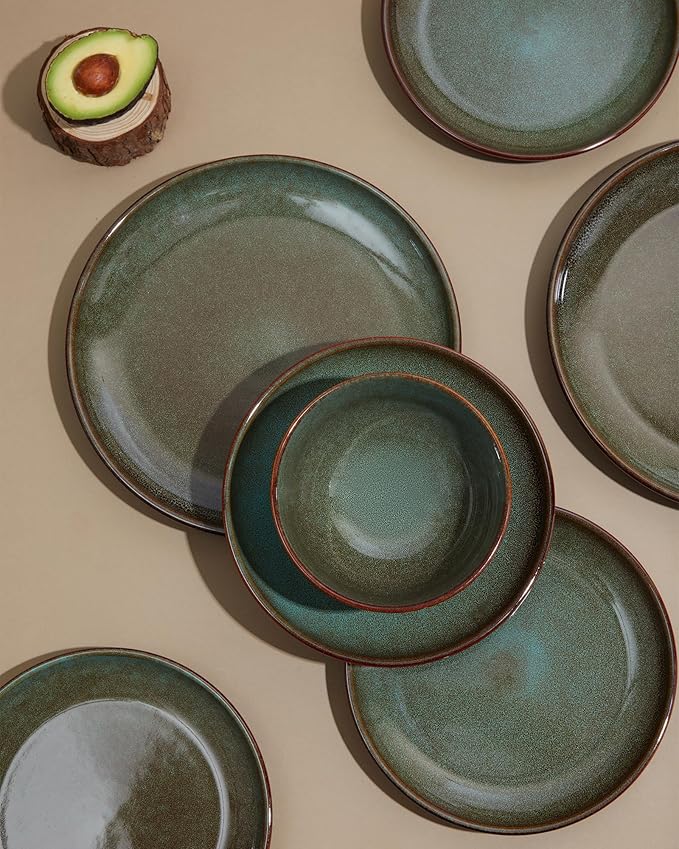 Pokini 16 Piece Double Bowl Dinnerware Sets with Pasta Bowls, Highly Chip and Crack Resistant Plates and Bowls Sets, Natural Earthyware Ceramic Dishware Sets, Service for 4 Sage Green
