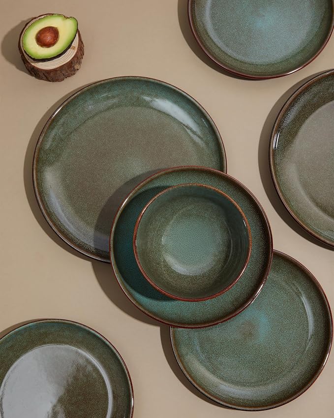 Pokini 32 Piece Double Bowl Dinnerware Sets with Pasta Bowls, Highly Chip and Crack Resistant Plates and Bowls Sets, Natural Earthyware Ceramic Dishware Sets, Service for 8 Brown Green