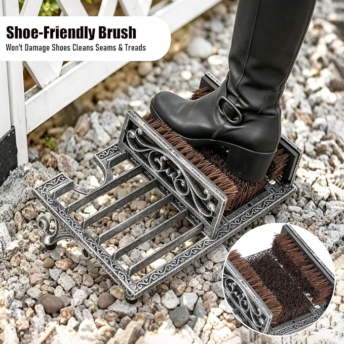 Heavy Duty Outdoor Boot Scrubber with Heel Remover | Vintage Sliver Cast Iron Boot Brush Scraper for Porch Garage Entrywa | Boot Cleaning Tool for Muddy Shoes