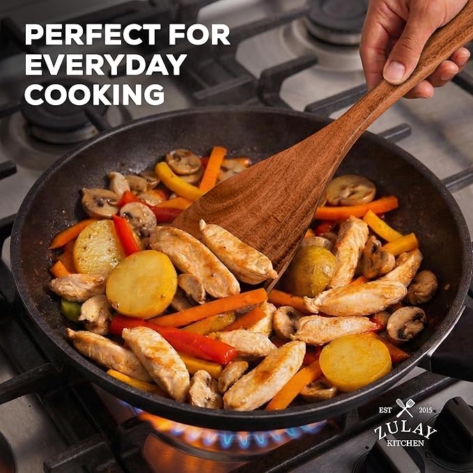 Zulay Kitchen 7-Piece Wooden Cooking Spoons Set – Heat-Resistant, Smooth Teak Utensils with Comfort Grip – Lightweight & Durable – Easy to Clean, Perfect for Non-Stick Cookware