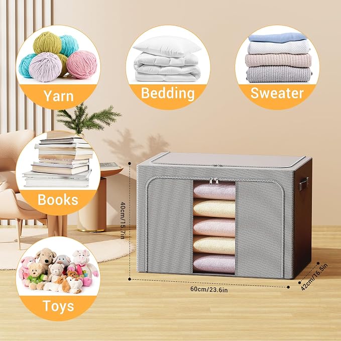 Clothes Storage Bins with Metal Frame, Foldable Clothes Organizers Storage Containers for Clothes, Sheets, Blankets, Pillows and Towels (100L, 3 Pack, Deep Grey)