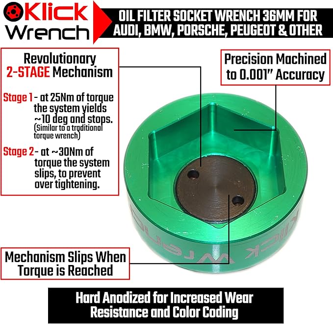 2 Stage 36mm Torque Limiting Oil Filter Wrench, Green, 6061-T6 Aluminum