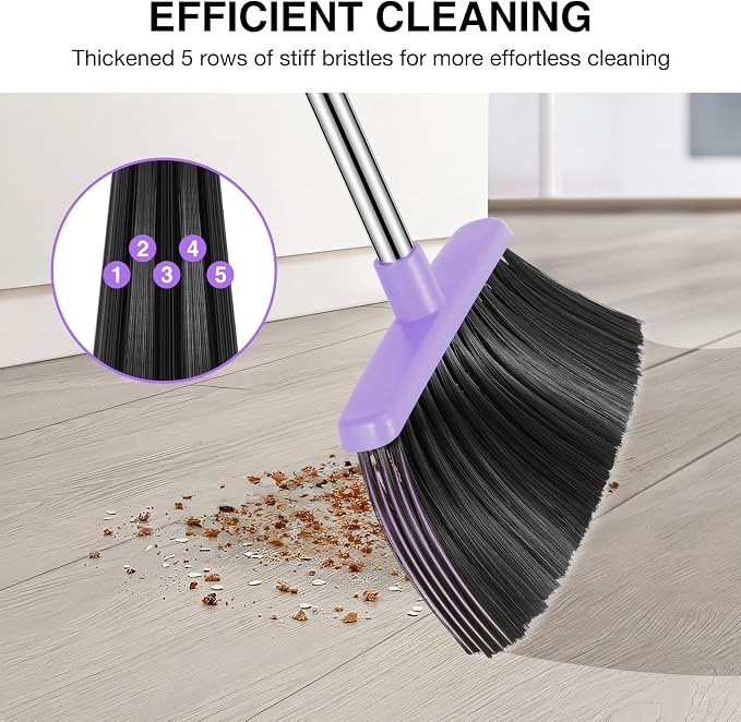 NACENA Broom and Dustpan Set, 52-in Long Adjustable Handle Broom Dustpan Combo with Dustpan Teeth to Automatically Clean Hair Suitable for Home Kitchen Office Hall Floor (Purple)