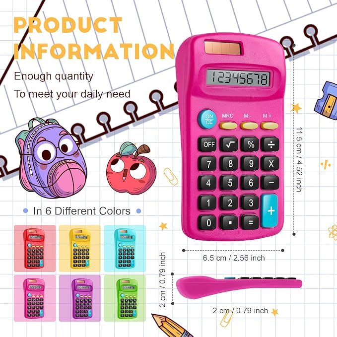 36 Packs Pocket Size Mini Calculator Basic Calculators for Handheld Angled Students 8 Digit Display Solar Battery Dual Power Small Calculator for Students Kids Home Office (6 Colors)