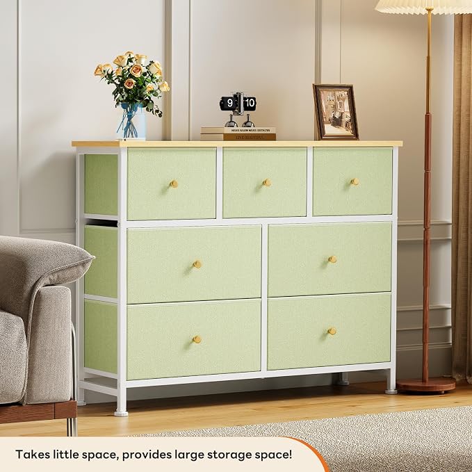 Sweetcrispy 7 Drawer Dresser with Fabric Bins, Fabric Storage Tower Organizer for Bedroom, Closet, Hallway, Entryway, Tall Chest of Drawers with Steel Frame, Wood Top, Large Storage,Light Green