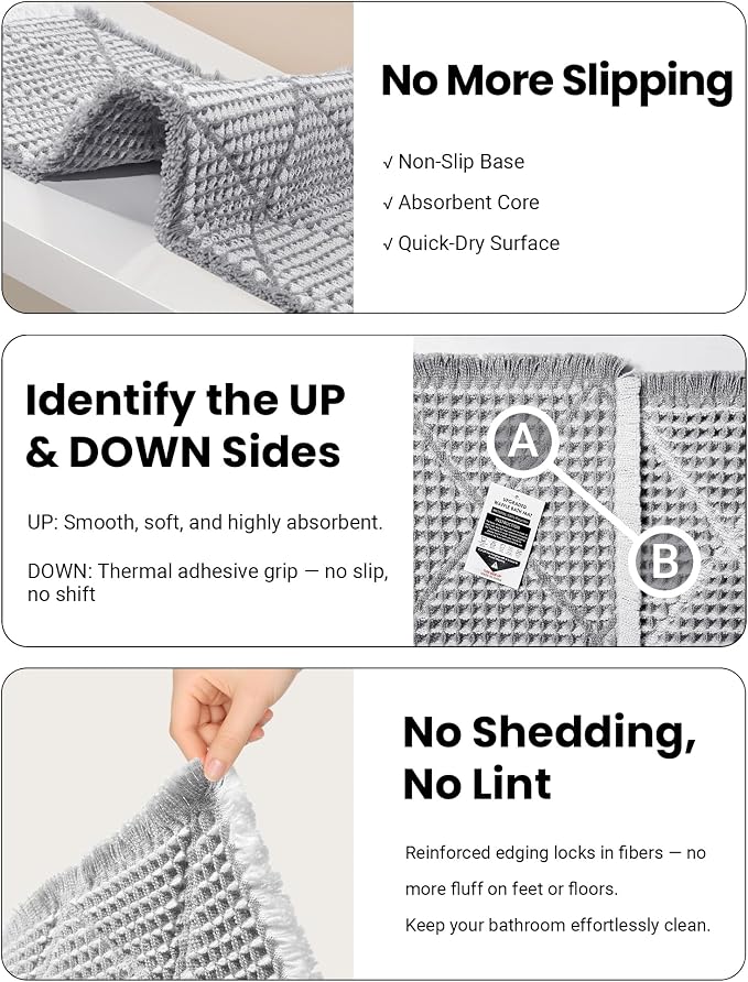 Furicher Waffle Bath Mat Set, Non Slip Bathroom Rugs Sets 2 Piece, Ultra Absorbent Long Bath Rug Runner for Bathroom Decor, Machine Washable Boho Mats, Grey & White, 20"×47" Plus 18"×30"