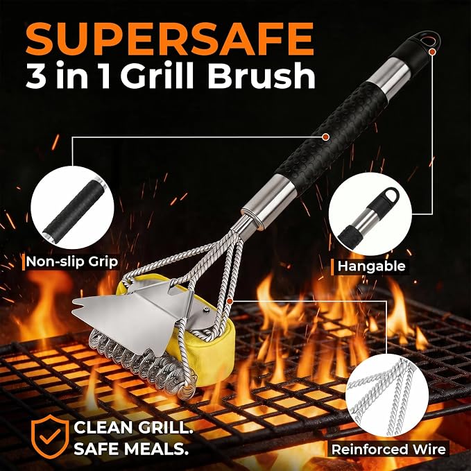 Bristle Free Grill Brush, 3 in 1 Steam Cleaner Brush with Extra Replacement Head, Heavy Duty BBQ Grill Brush for Outdoor Grill