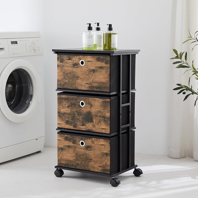 MAX Houser Dresser Storage with 3 Drawers, Fabric Tower Nightstand, Chest of Drawers,Vertical Storage Unit Organizer for Closets,Bedroom,Dorm, Wood Top, Rustic Brown Wood Grain Print