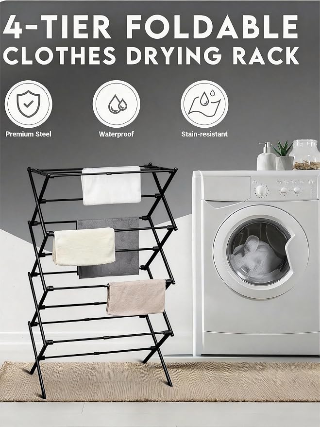 ZOES HOMEWARE 4-Tier Clothes Drying Rack, 4ft High Foldable Drying Rack Clothing for Indoor & Outdoor, Portable Collapsible Laundry Dryer for Laundry Room and Apartment, Black 29" L x 49" H x 11.5" W