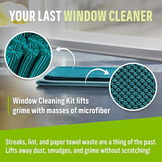 E-Cloth Microfiber Window Cleaning Cloth Kit - Glass Cleaning Cloth for Windows, Mirrors, Cars, Lenses, Eyeglasses, & More, Streak Free Clean, Machine Washable Reusable Towel - Green (2 Kits)