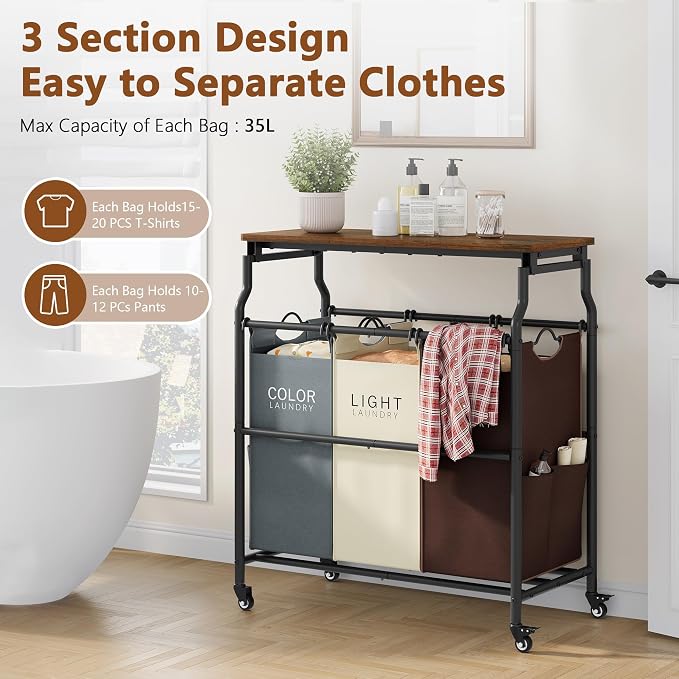 Hoctieon 3 Section Laundry Sorter with Iorning Board, Hamper with Wheels | Brown+Gray+Beige,Lockable Wheels, Laundry Basket Organizer, Heavy Duty Clothes Separator, Removable Bags,Rolling Laundry Cart
