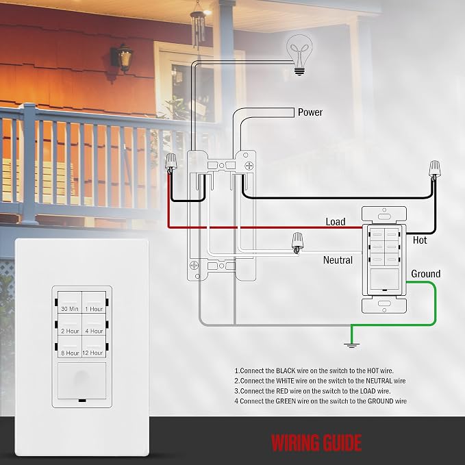 Enerlites HET06 12 Hour Timer Switch for Patio, Path, Porch Lights and Sprinklers | 30min-12Hr, Timer for fan motor and ventilation, 1/2HP Support, Single Pole, UL Listed, Neutral Wire Required, White