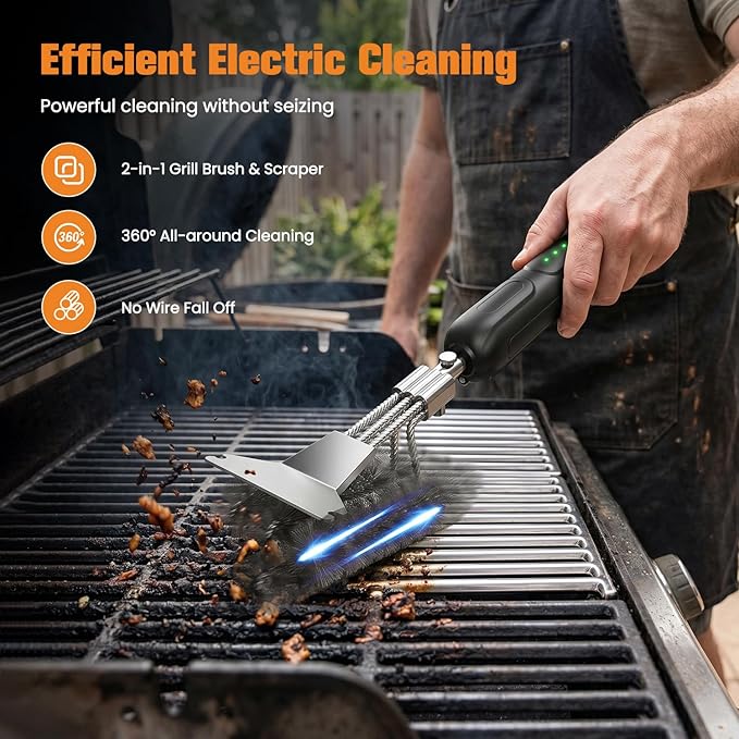 Electric Grill Brush with Scraper: 20kg High-Torque Power BBQ Grill Cleaner with 2-Speed, Reciprocating Clean, Reaches Grill Grate Sides & Corners, Gift for Dad/Men, Dual Mode (Auto/Manual)