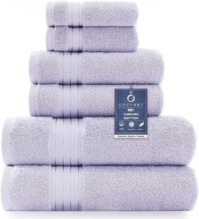 COZYART Luxury Bath Towel Set 6 Pcs, Lavender 100% Turkish Cotton 650 GSM | OEKO-Tex 100 Certified Zero Twist Ring Spun, Soft Absorbent Quick Dry, Plush Fluffy, Breathable Hotel Quality for Daily Use