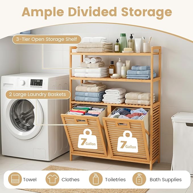 Giantex Double Tilt Out Laundry Hamper with 3-Tier Storage Shelf | 14 Gal Bamboo Laundry Storage Cabinet w/Removable Laundry Baskets, Laundry Sorter Organizer for Bathroom Living Room Bedroom