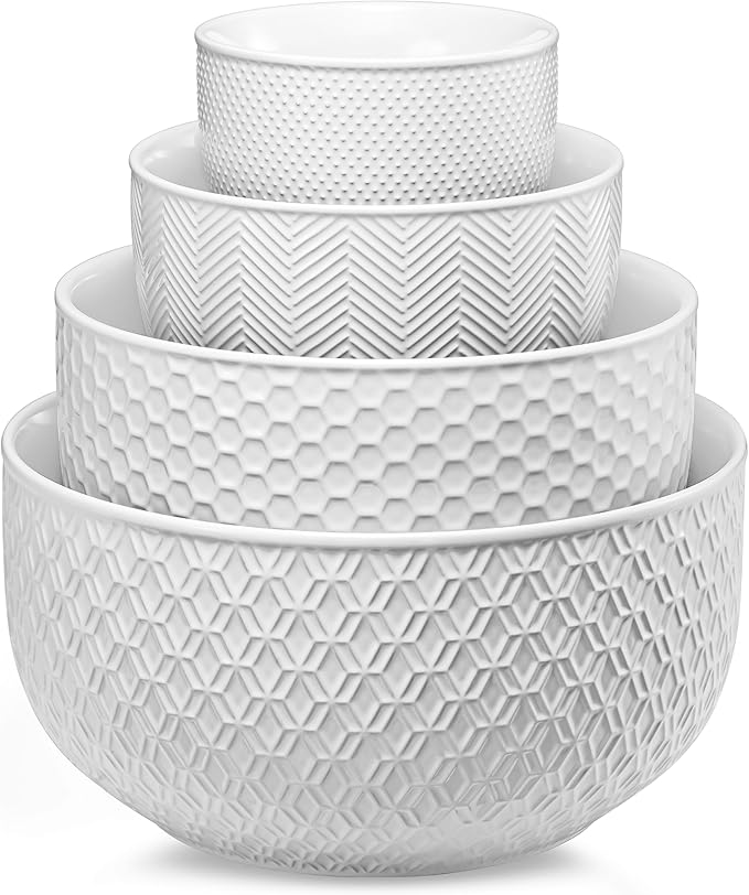 KooK Ceramic Mixing Bowls, Nesting Set of 4, Embossed Kitchen Dishware, Prep, Serving, Gift, Microwave and Dishwasher Safe, 20/44/98/145 oz, Narbonne Collection (Marshmallow)
