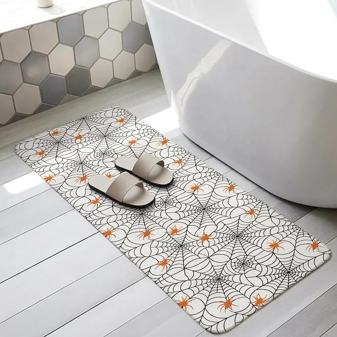 Halloween Bathroom Runner Rugs Non Slip Washable Absorbent Narrow Long Bath Mat Black Net Classic Spiders Gingham Orange Runner Rugs for Kitchen Hallway Bedroom Laundry Study Room 19.7"x63"