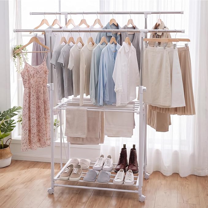 Clothes Drying Rack Foldable，Height & Length Adjustable Drying Rack | Large Drying Rack with 2-Tier Long Pole，Bedding，Lothing，Space Saving Drying Rack Clothing for Apartment，Balcony, White