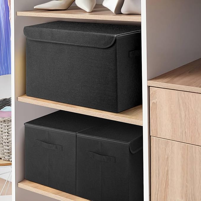 Bagnizer Large 17" 42 Quarts Collapsible Stackable Storage Bins with Lids [3-Pack] Foldable Fabric Linen Storage Boxes Cube, Closet Organizer Baskets with Label (16.7 x 12 x 12, Black)