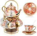 Zhehao 20 Pcs Porcelain Tea Set with Metal Holder and Spoon Adult Ceramic Tea Set European Flower Painting Teapot Cup Saucer Spoon for Women Mom Gift, Large Version (Noble Style)