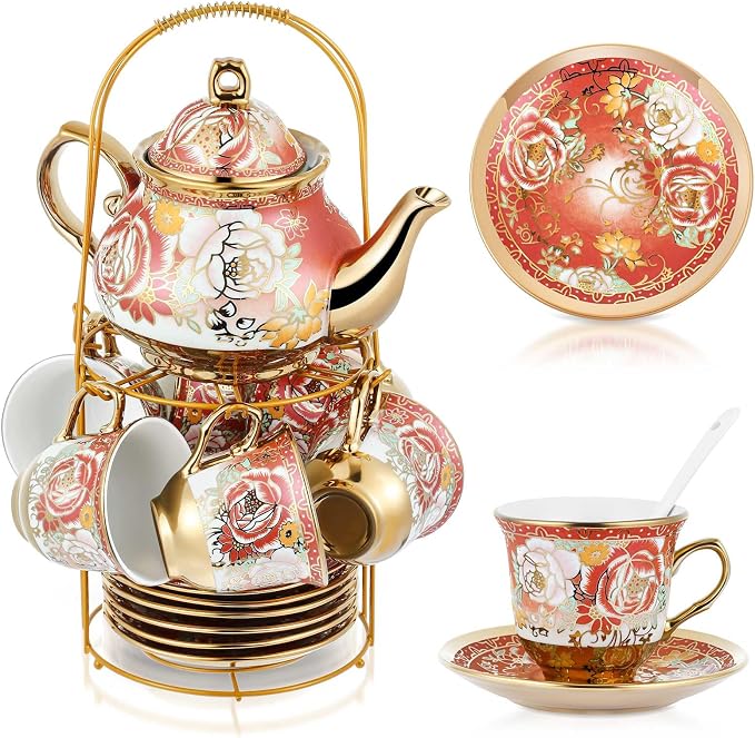 Zhehao 20 Pcs Porcelain Tea Set with Metal Holder and Spoon Adult Ceramic Tea Set European Flower Painting Teapot Cup Saucer Spoon for Women Mom Gift, Large Version (Noble Style)