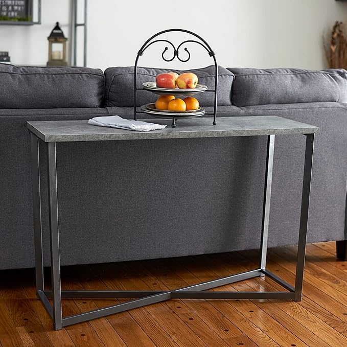Household Essentials Slate Concrete Top Console Table with Black Iron Base
