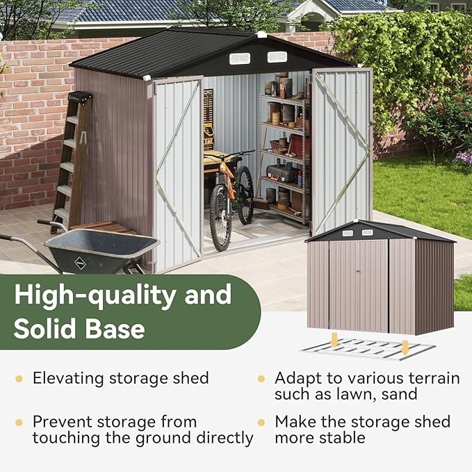Aoxun 8'x6' Outdoor Storage Shed with Base, Brown | Metal Shed with Lockable Doors & Slooping Roof Garden Tool Shed for Backyard, Patio, Poolside