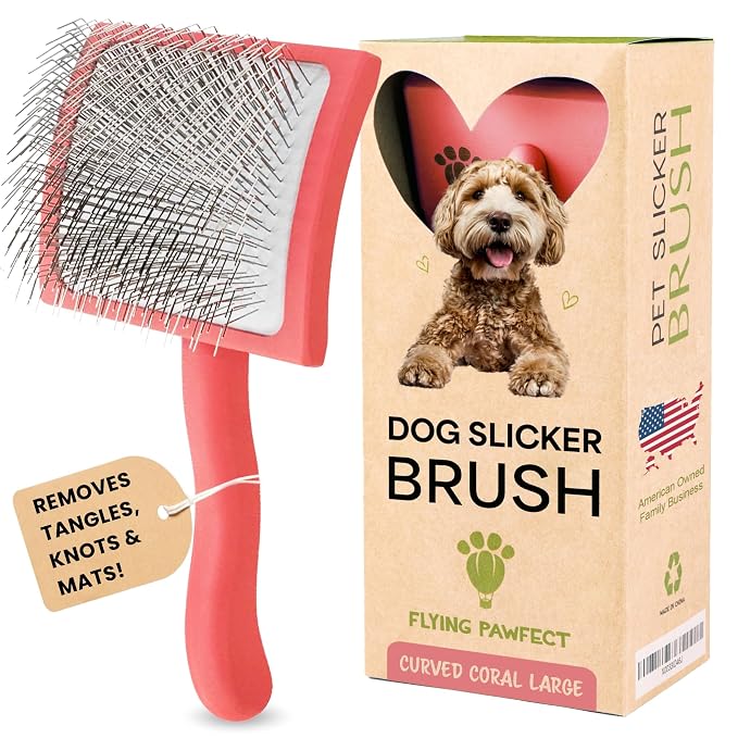 Premium Slicker Brush for Dogs - Long Pin for Poodles, Doodles & Long Haired Dogs, Deshedding & Dematting Tool, Slicker Dog Brushes for Grooming (Coral, Curved Large)
