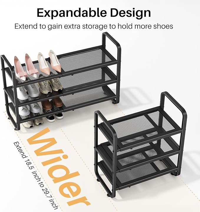 SNTD Shoe Rack - Expandable Shoe Organizer for Closet, Adjustable Metal Shoe Shelf Storage, Stackable Long Shoe Stand Holder for Garage, Entryway, Door Entrance (Black, 3-Tier)