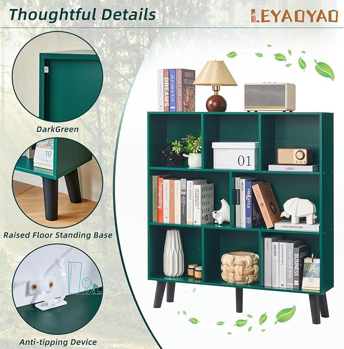 LEYAOYAO 8 Cube Bookshelf,Mid-Century Modern Bookcase with Legs,Dark Green | 3 Tier Book Shelf,Rustic Wood Bookshelves Freestanding Large Storage Organizer, Open Shelves for Bedroom, Living Room, Office
