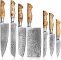 SENKEN 7-Piece Damascus Kitchen Knife Set - Dynasty Collection - 67-Layer Japanese VG10 Steel with Sycamore Wood Handles, Chef's Knife, Cleaver, Bread, Santoku, Boning, & More