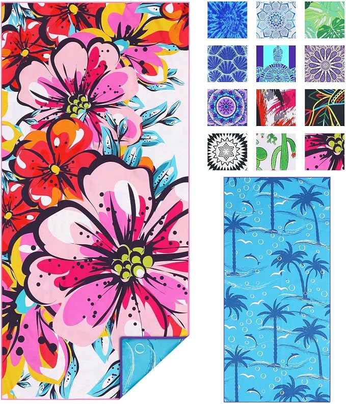 TwoYek Microfiber Beach Towel Extra Large 71x32 inches Floral Print | Thin & Lightweight, Sand Free, Super Absorbent Quick Dry, Oversized Towel for Beach Bath Pool Swim Travel Accessories Gifts