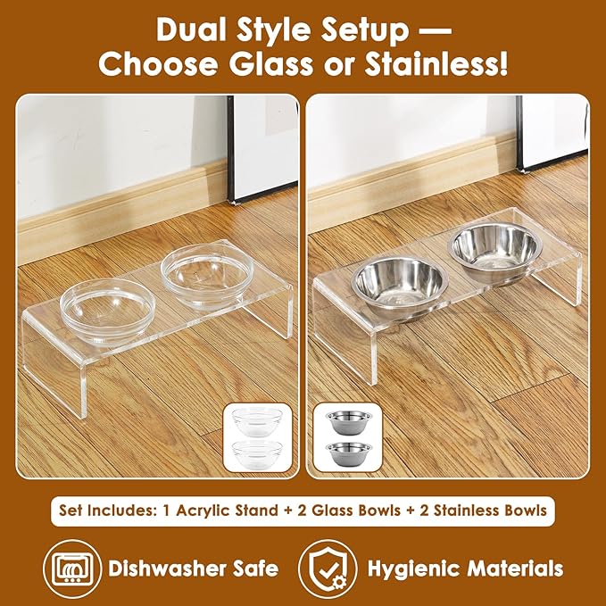 Feoyoho Elevated Acrylic Pet Bowl Stand – Raised Cat & Dog Bowls with 2 Glass & 2 Stainless Steel Bowls, Modern Clear Design, Non-Slip, Easy to Clean, Perfect for Small Pets, 3.75" Tall