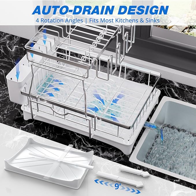 Godboat 2-Tier Dish Drying Rack - 304 Stainless Steel Dish Rack Auto Drain | Dish Racks for Kitchen Counter, Dish Drainer with Knife Fork & Cup Rack, Gifts for Women, Mothers Day, Kitchen Gadget, Silver
